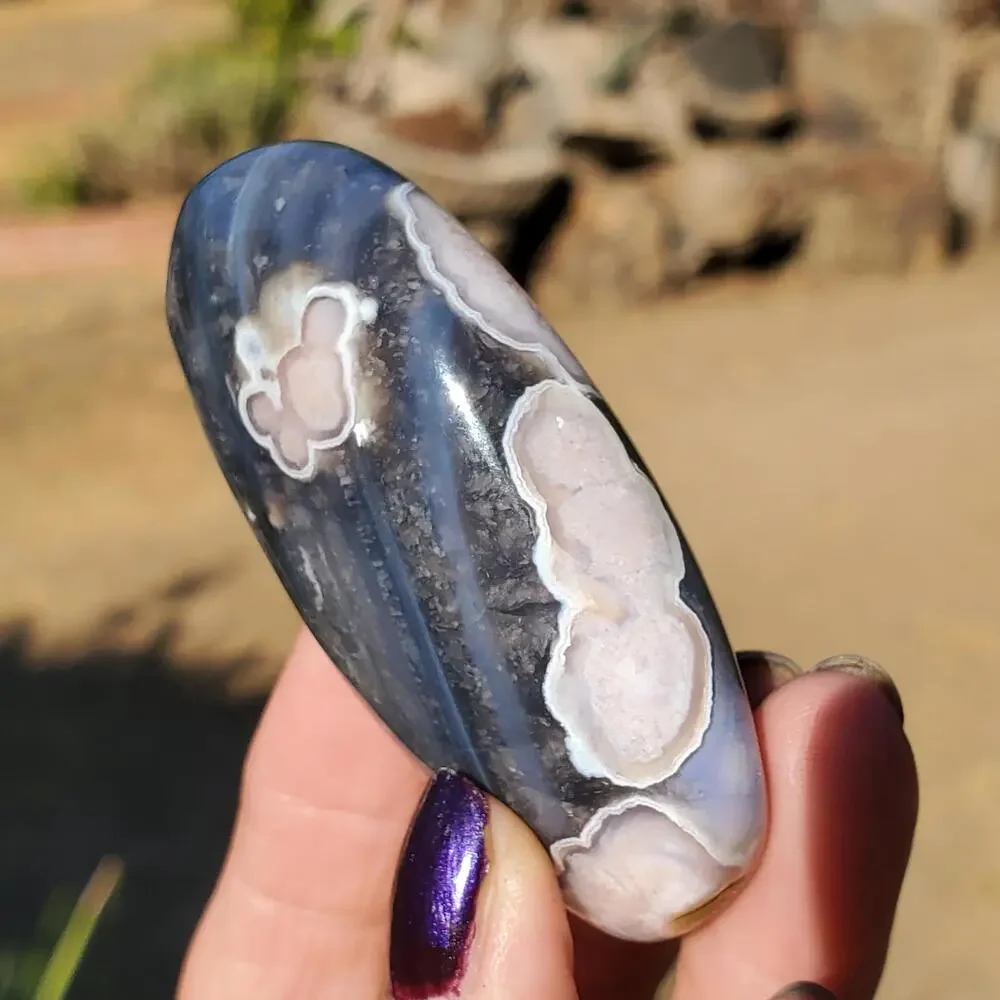 Blue Flower Blossom Agate Translucent Palmstone Crystal 68 grams